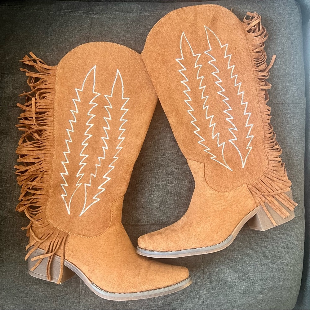 Brown Fringe Cowboy Western Cowgirl Boots Suede look